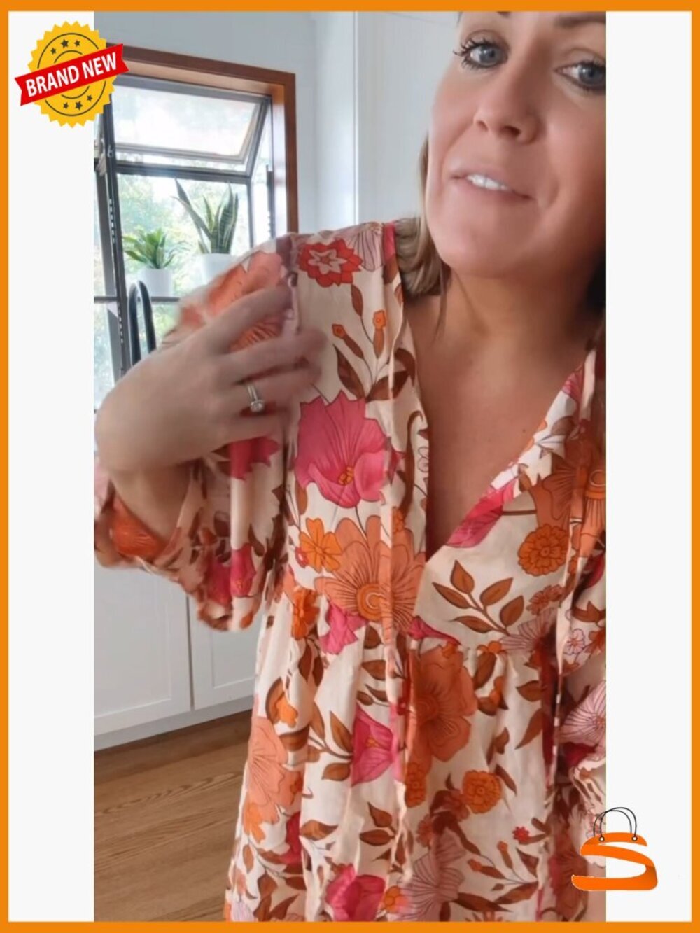 V-Neck Floral Mini Tunic Dress with Puff Sleeves Bohemian - Picture 7 of 7